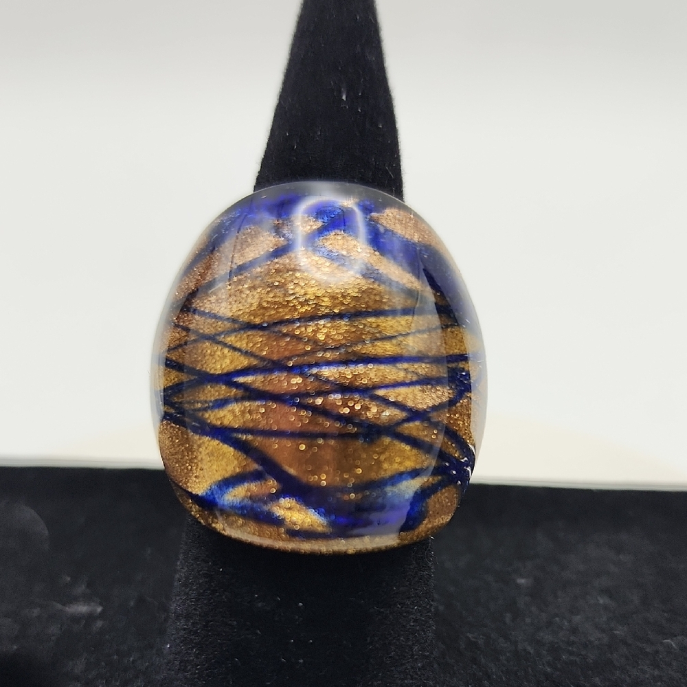Glass Elegant Blue and Gold Glass Ring - Size 5.5-6